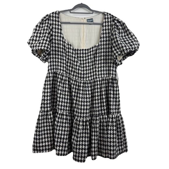 New Arula 1X Black White Gingham Plaid Babydoll Mini Dress Puff Sleeve Preppy - Picture 1 of 13